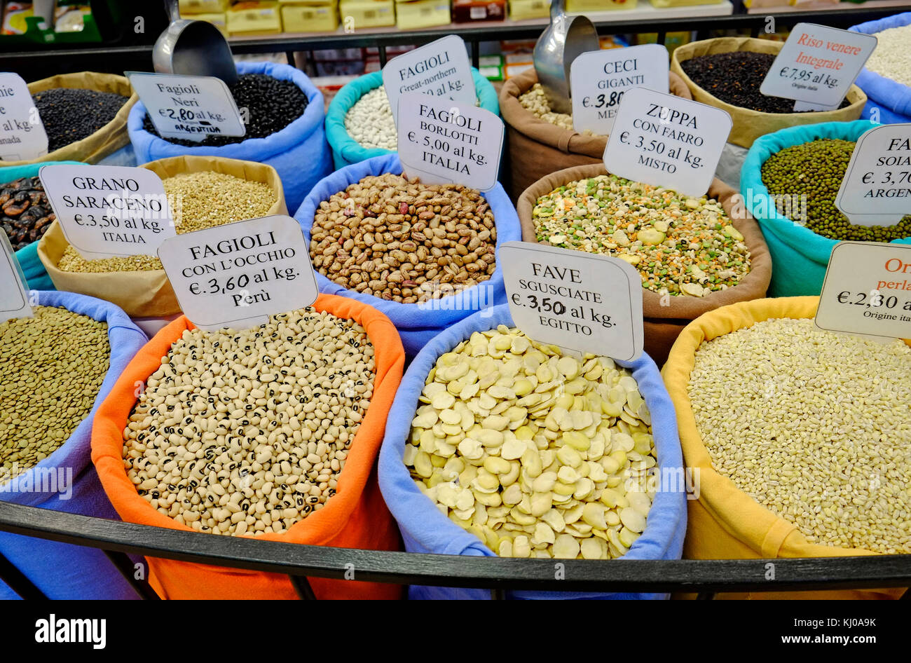dried beans and pulses on market food stall, florence, italy Stock Photo