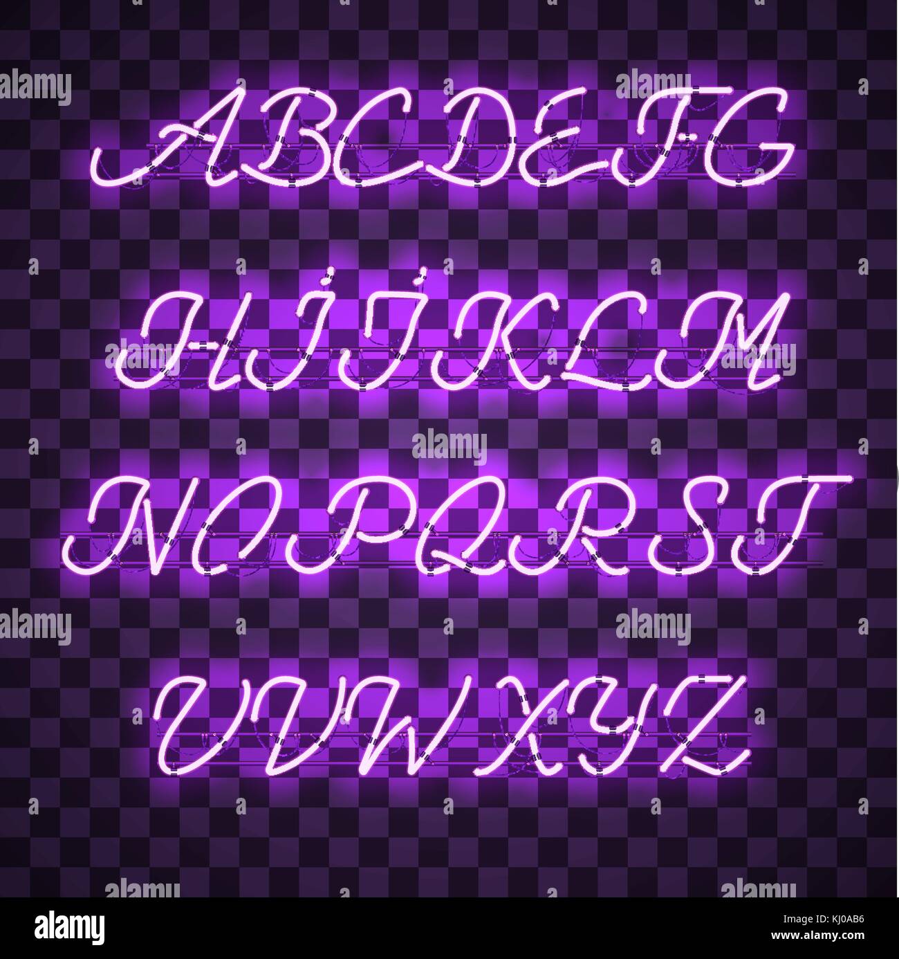 Glowing Purple Neon uppercase Script Font Stock Vector