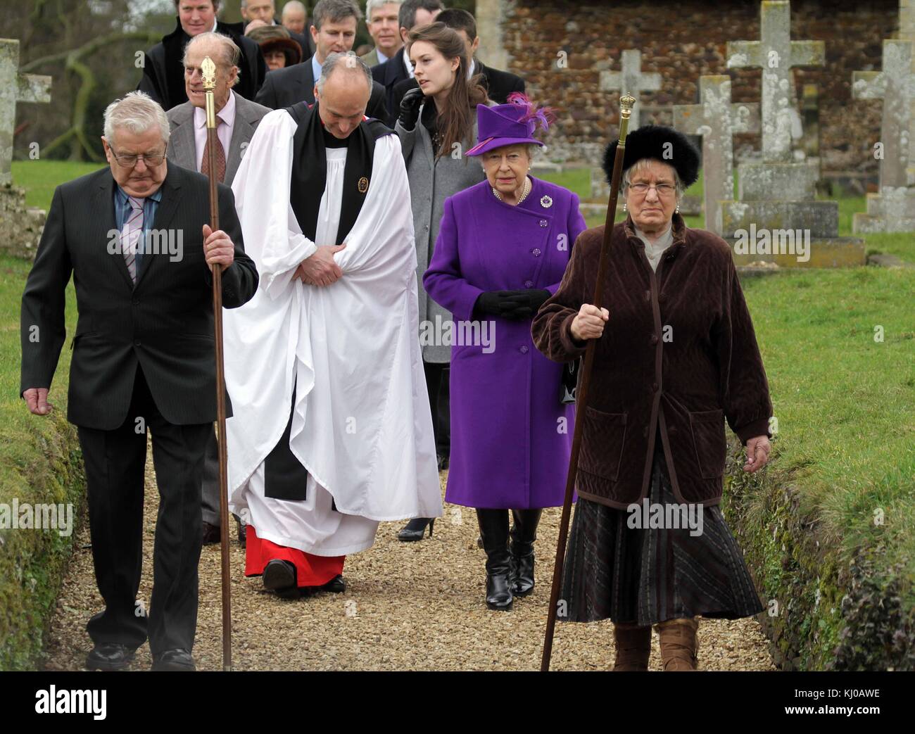 SANDRINGHAM, UNITED KINGDOM - FEBRUARY  06; Queen Elizabeth II, joinS members of the Royal Family at Sunday Church service on the Sandringham Estate Norfolk.  on February  6, 2011 in Sandringham, England    People:  HRH the Queen Queen Elizabeth II Stock Photo