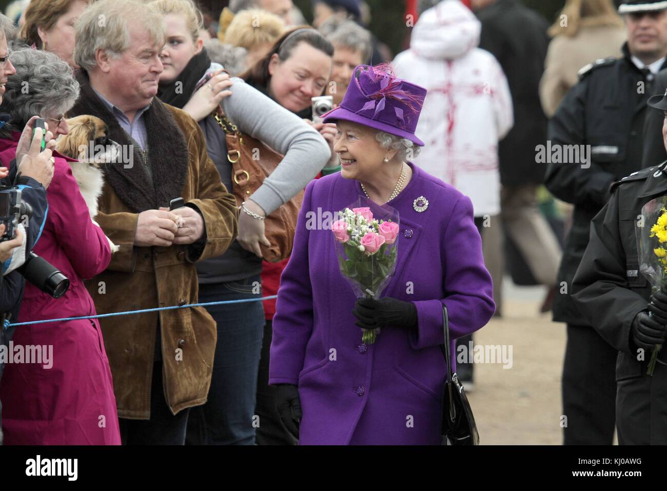 SANDRINGHAM, UNITED KINGDOM - FEBRUARY  06; Queen Elizabeth II, joinS members of the Royal Family at Sunday Church service on the Sandringham Estate Norfolk.  on February  6, 2011 in Sandringham, England    People:  HRH the Queen Queen Elizabeth II Stock Photo