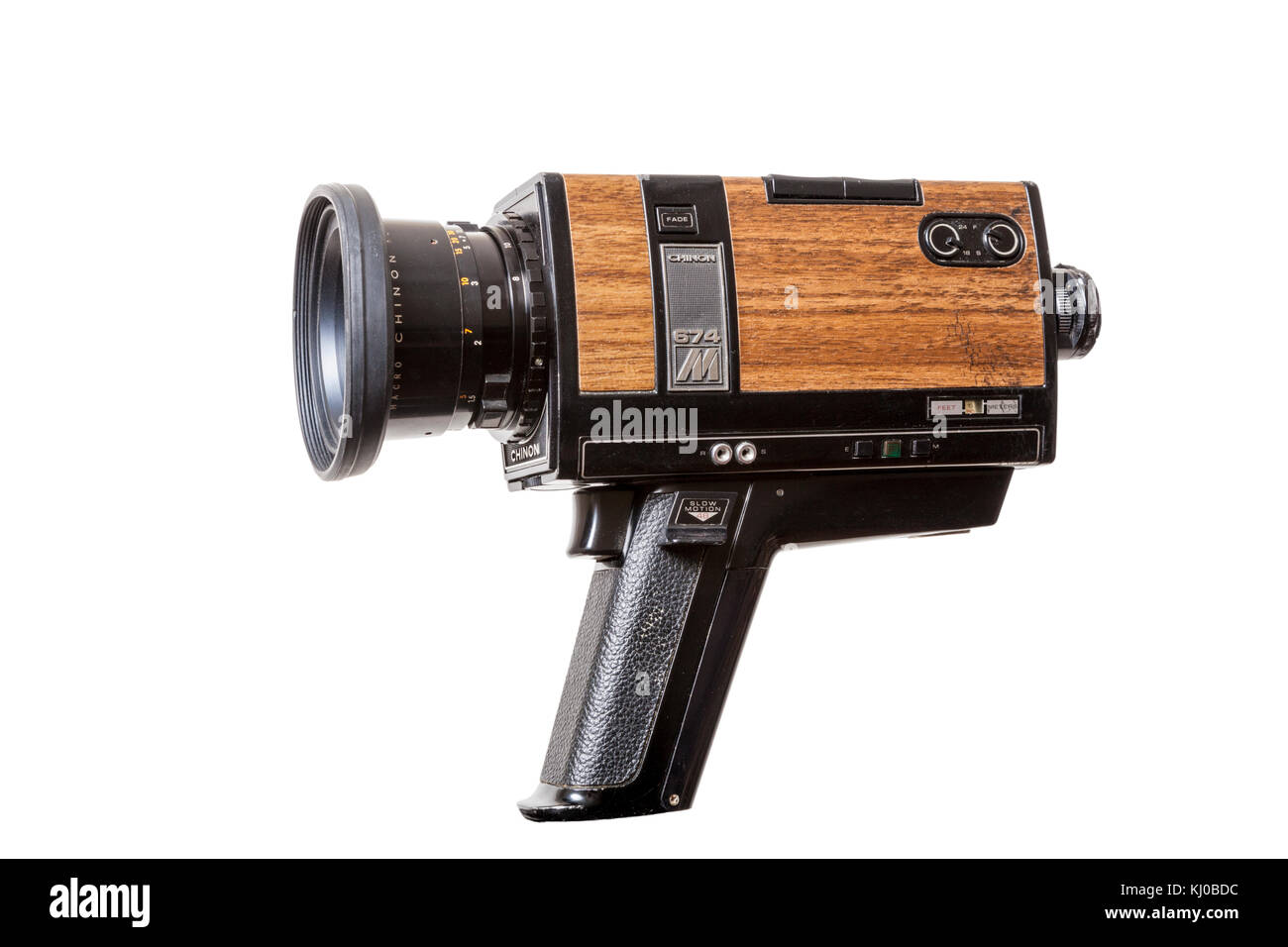 1970s cine camera sold by Dixons. Chinon 674 macro power zoom synchro sound Super 8 movie camera. On a white background. Stock Photo