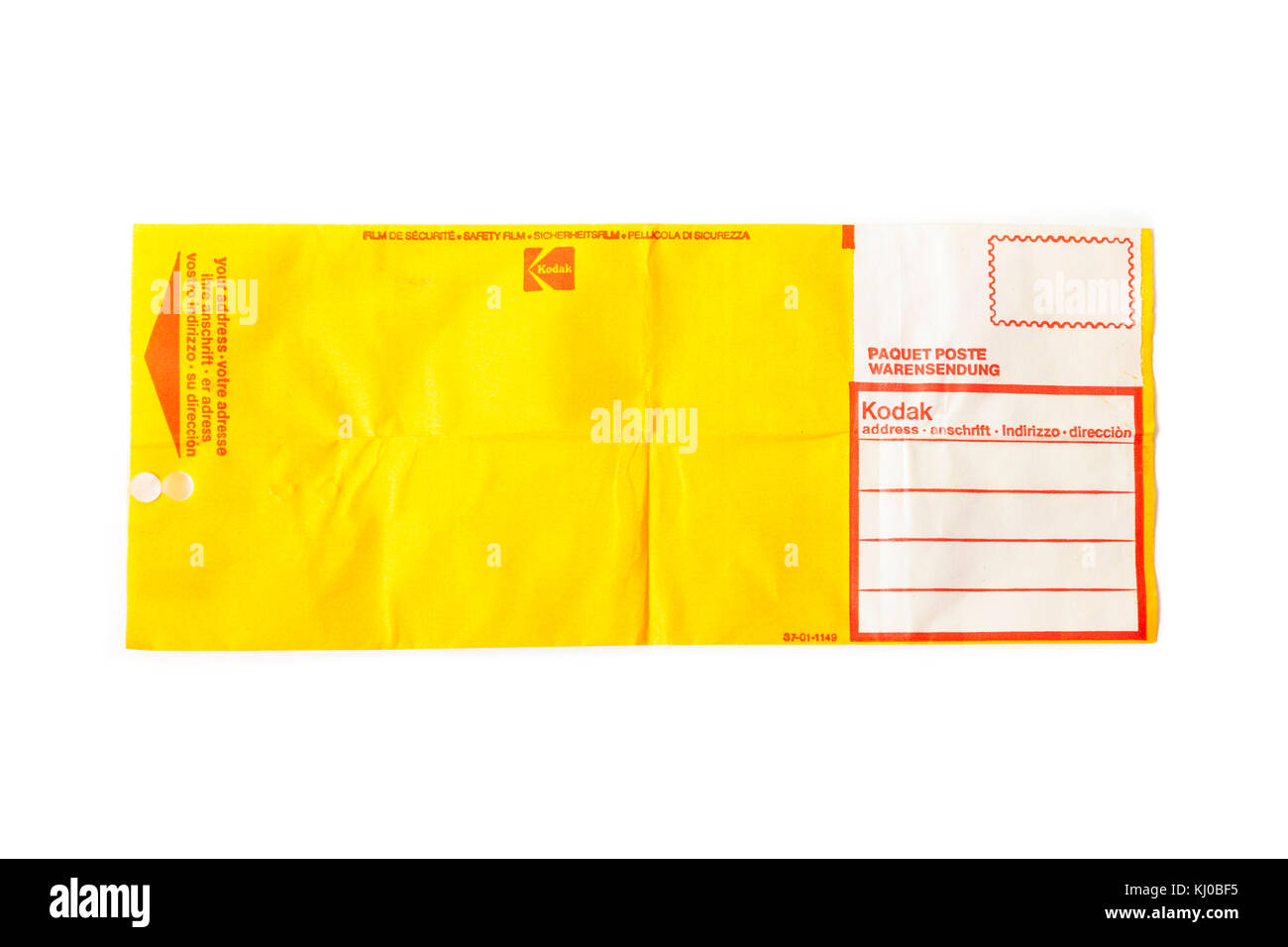 Envelope for posting film to Kodak for processing. On a white background. Stock Photo
