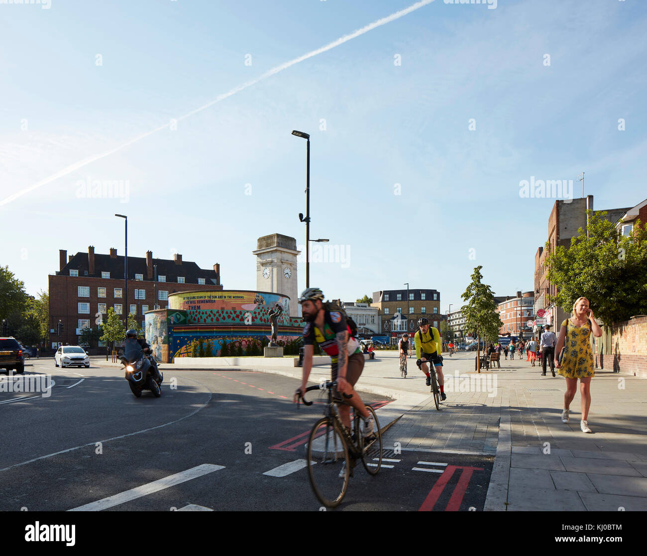 Reconfigured intersection with bicycle lane at Stockwell War Memorial. Stockwell Framework Masterplan, London, United Kingdom. Architect: DSDHA, 2017. Stock Photo