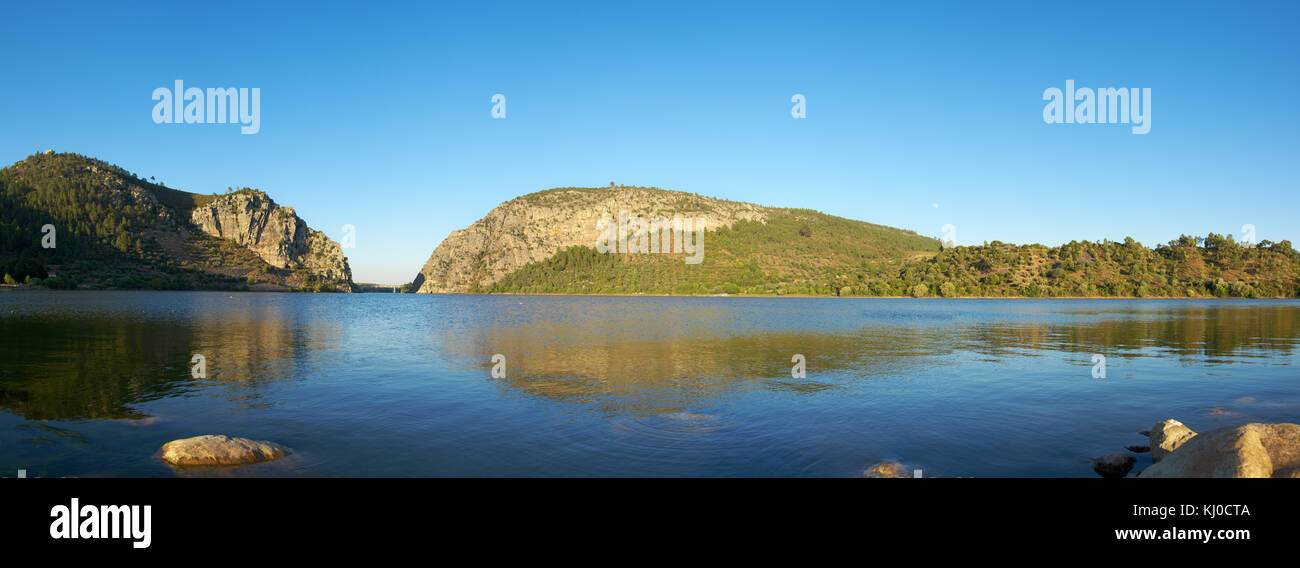 Panoramic view of Portas de Rodao Natural Monument as seen the lake island downstream. Vila Velha de Rodao, Portugal. Stock Photo