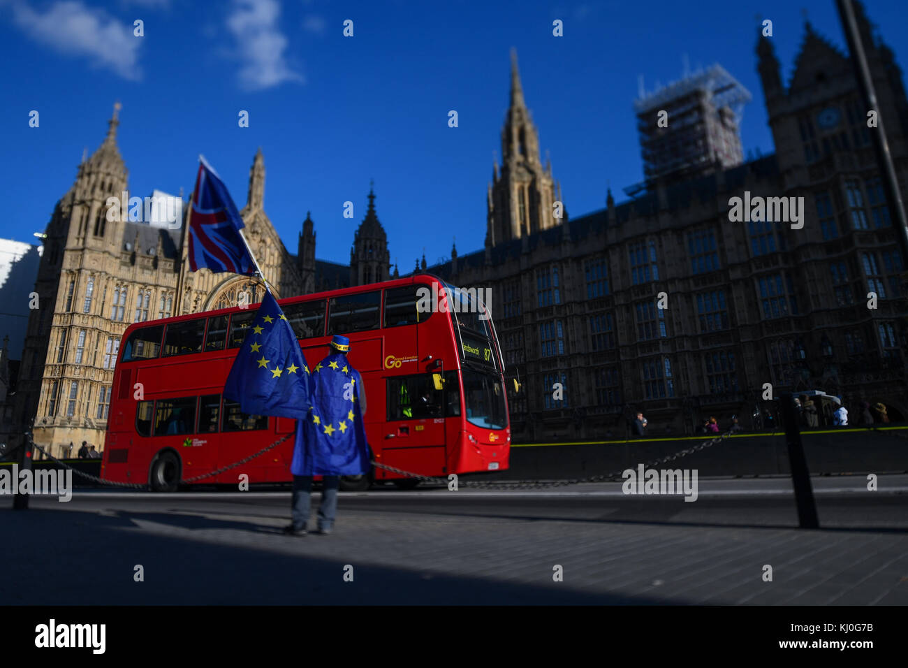 A lone Brexit protester continues his one man stand against the Brexit vote outcome outside the Houses of Parliament London. Stock Photo