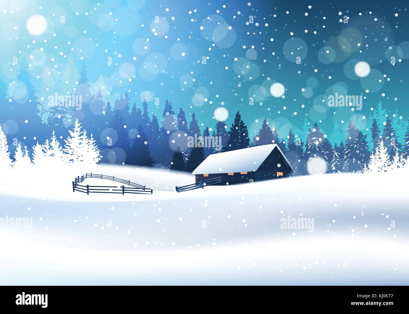 Beautiful Winter Landscape With House In Snowy Forest Stock Vector