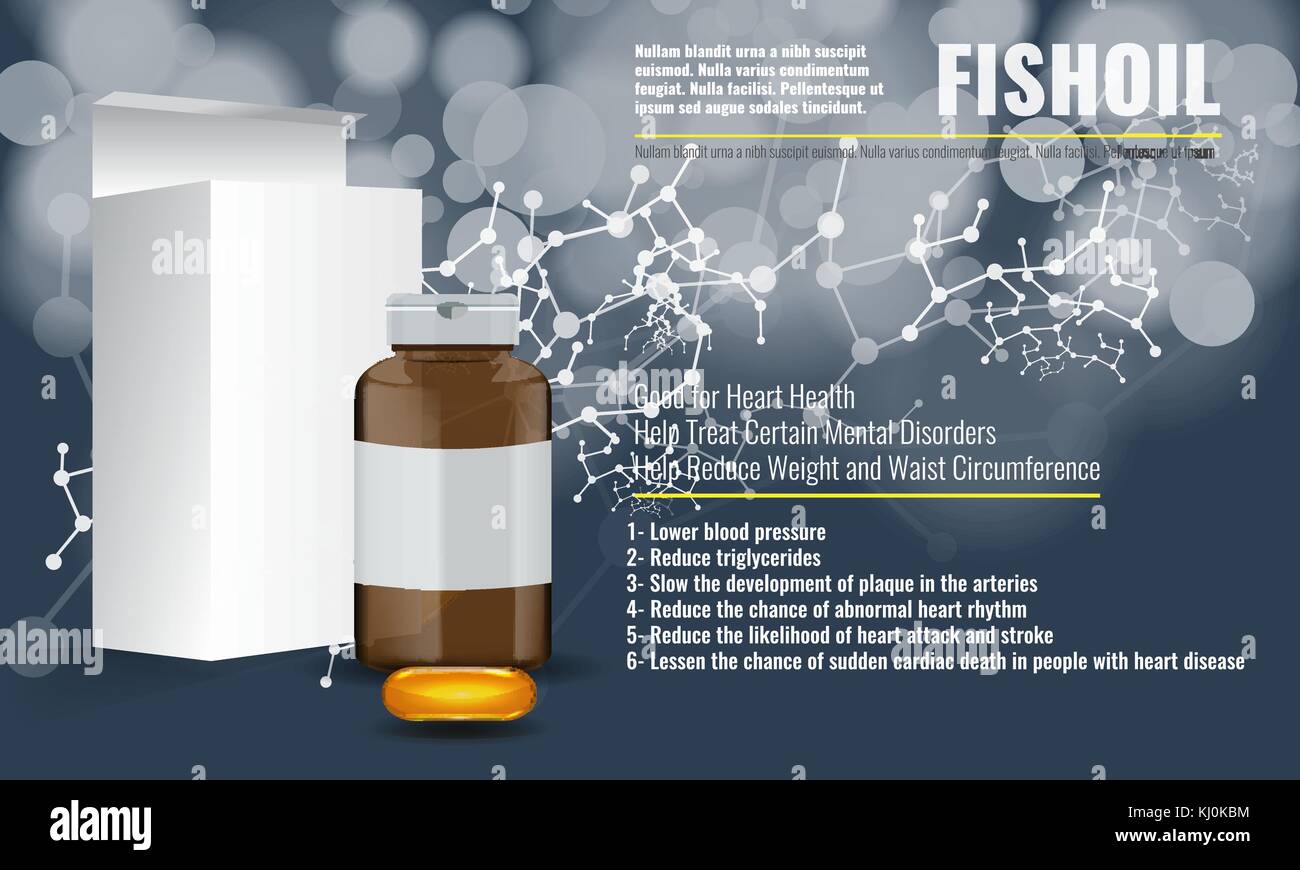 Cute Fish oil ads layout design template with chemical background. Stock Vector