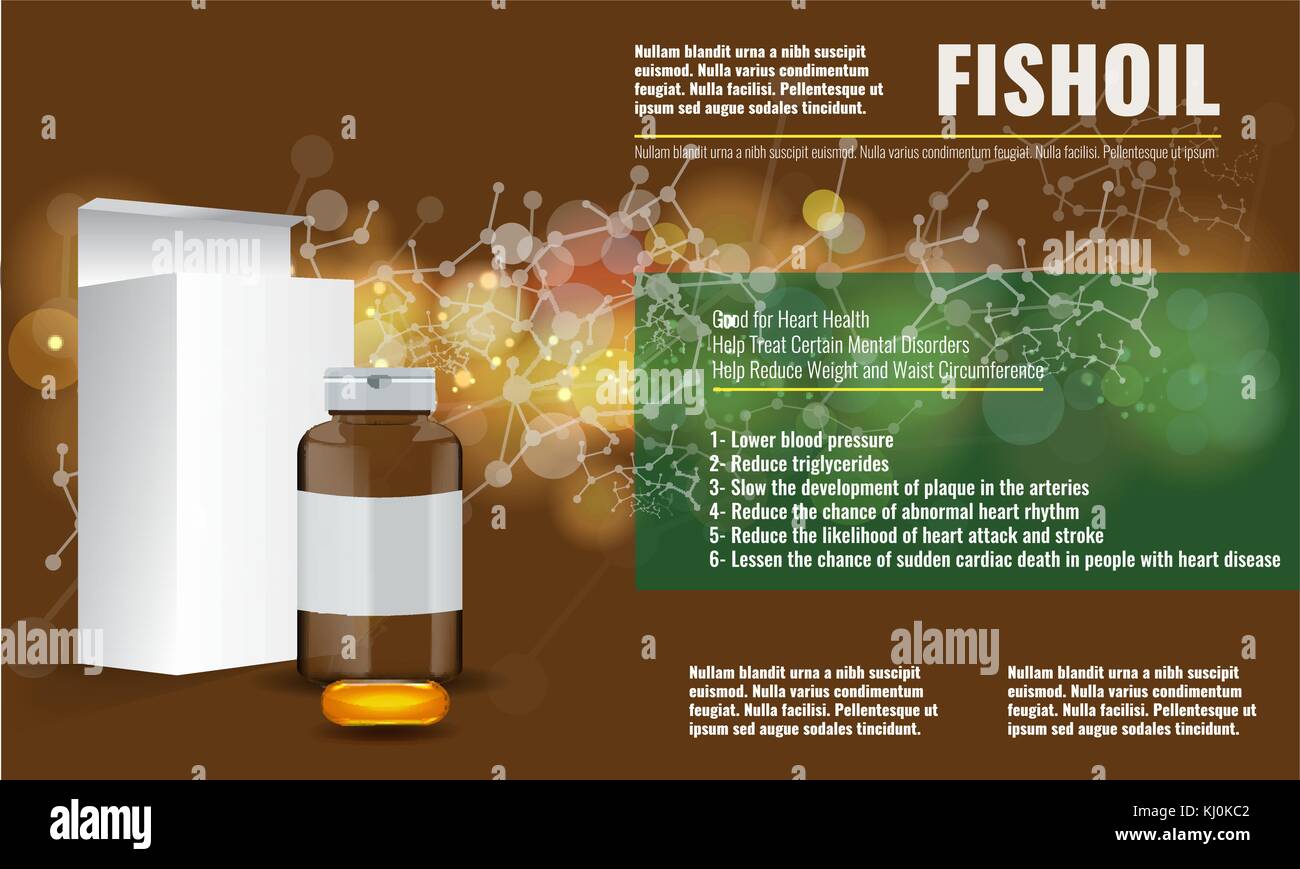 Cute Fish oil ads layout design template with chemical background. Stock Vector