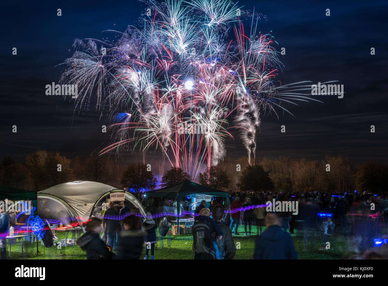 The annual firework display at Ashton Keynes saw a large crowd enjoy an impressive display on the school playing field in the picturesque North Wiltsh Stock Photo