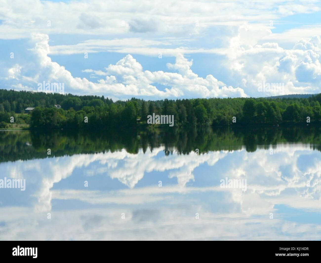 A serene landscape showcasing a still lake reflecting the sky and ...