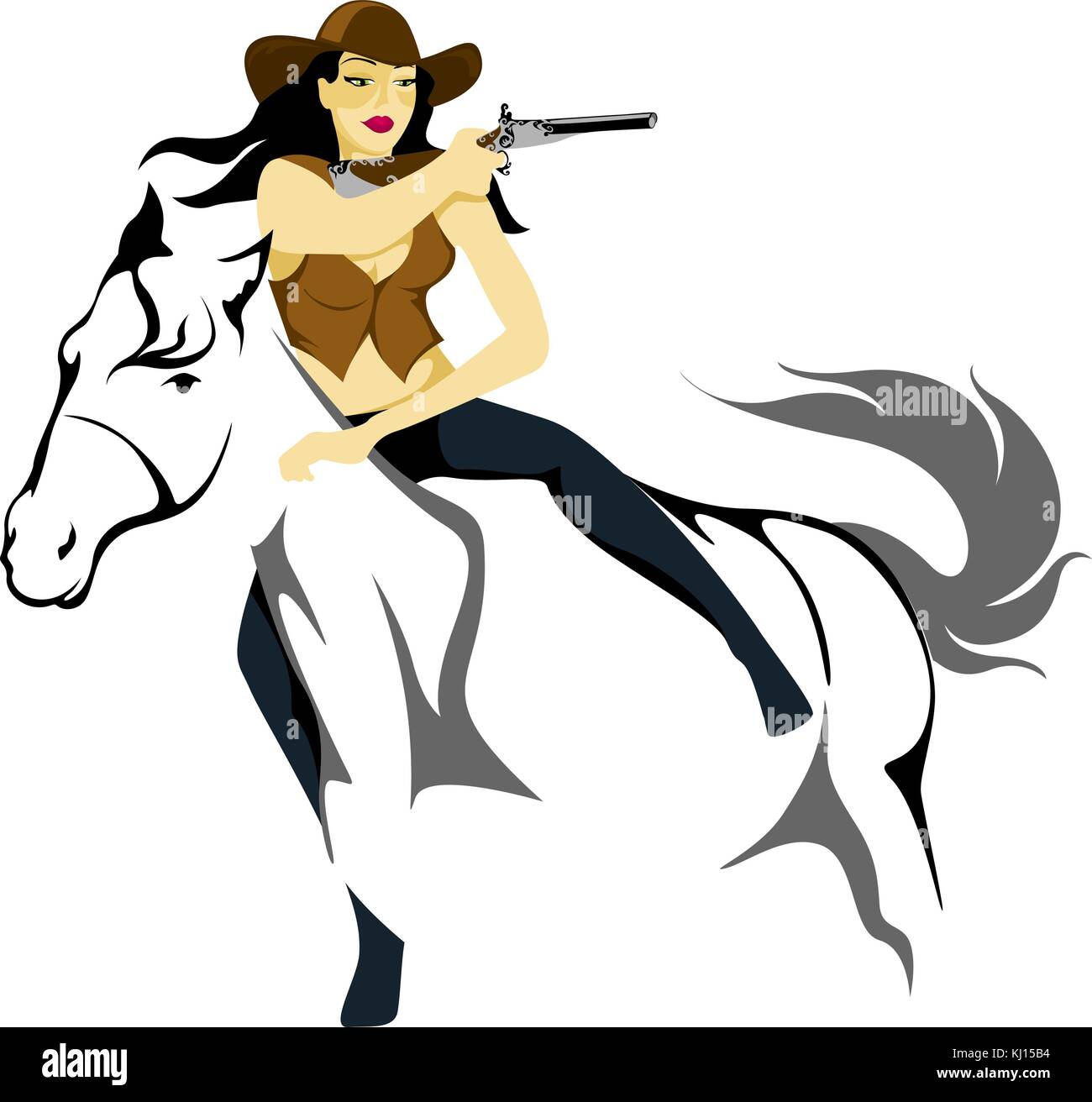Cowgirl gunslinger riding a horse with a gun in hand Stock Vector