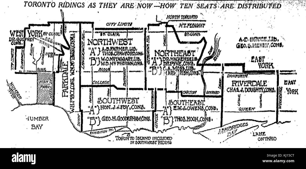 Toronto Political Ridings A historical image depicting the 1914 Toronto Ridings, showing a ...