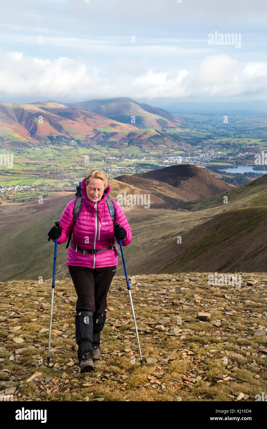Walker on Crag Hill, with Blencathra and Keswick in the Background, Lake District, Cumbria, UK Stock Photo