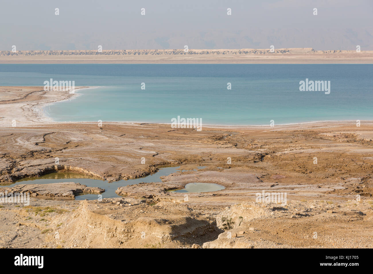 View on a pitfall, sinkholes and conversions of the Dead Sea coast, Jordan Stock Photo