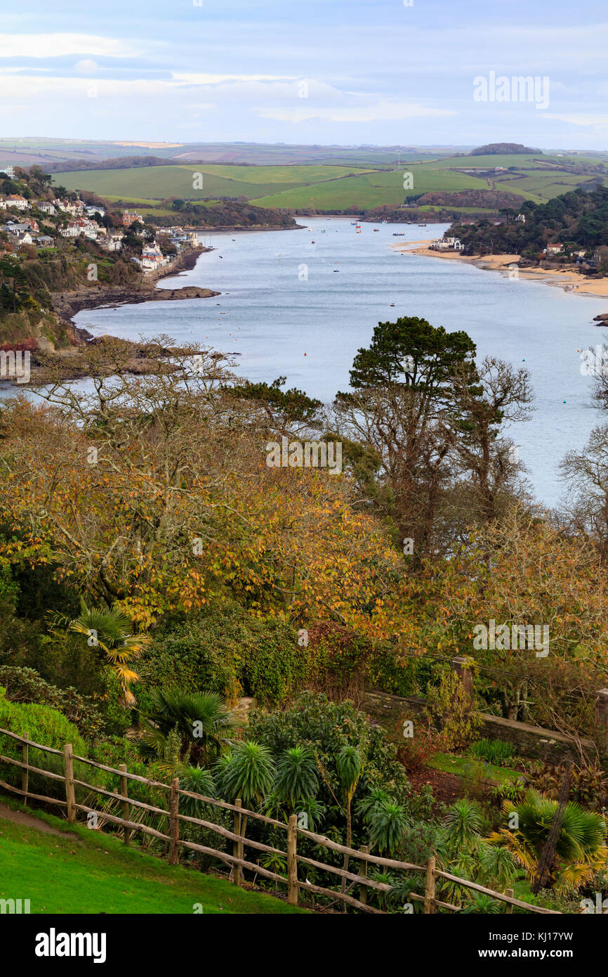 View from above Overbecks Garden of the South Devon, UK,  Kingsbridge estuary with Salcombe on the left, East Portlemouth on the right. Stock Photo