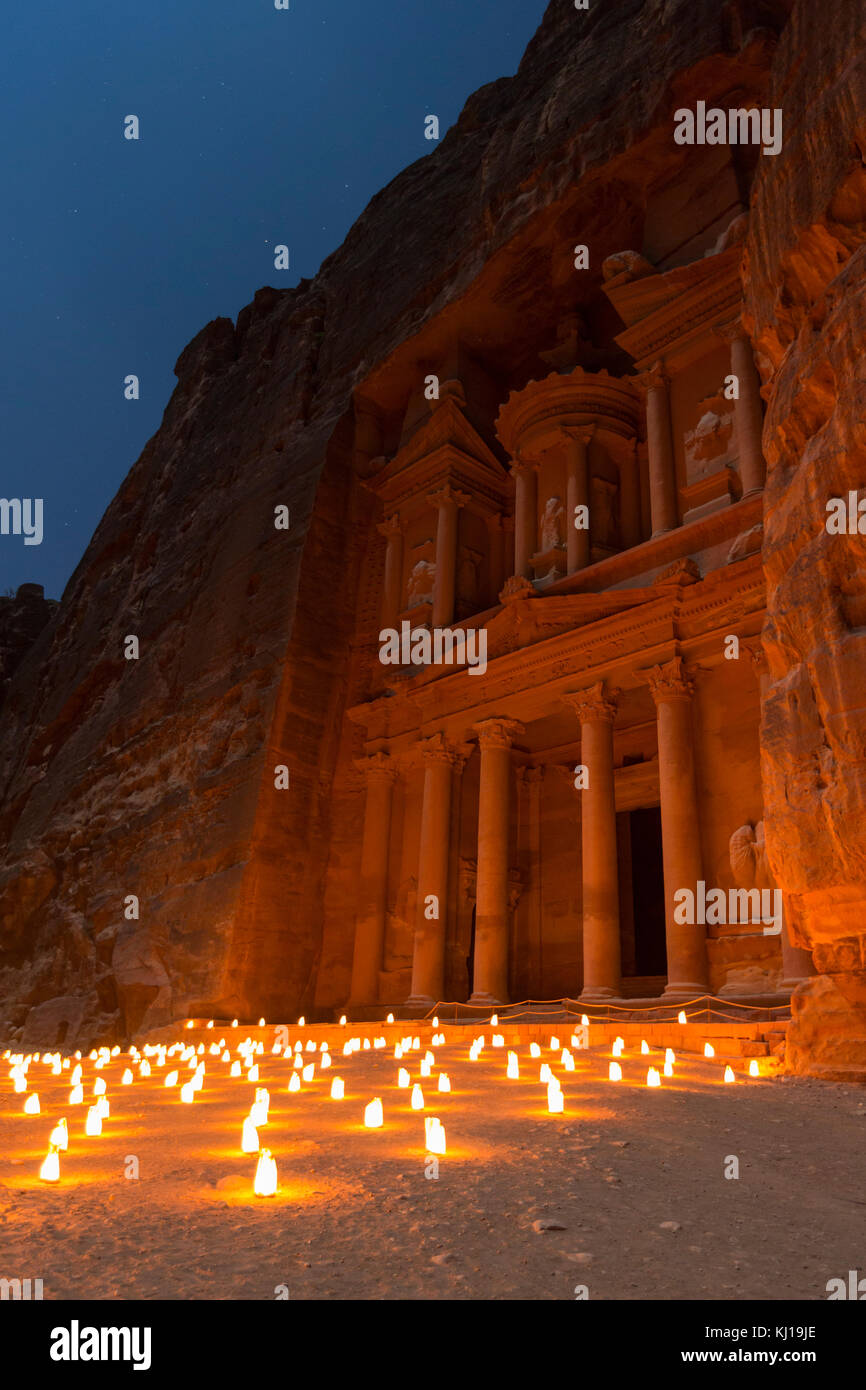 The Treasury, Petra By Night. An Ancient City of Petra, Al Khazneh in Jordan Stock Photo
