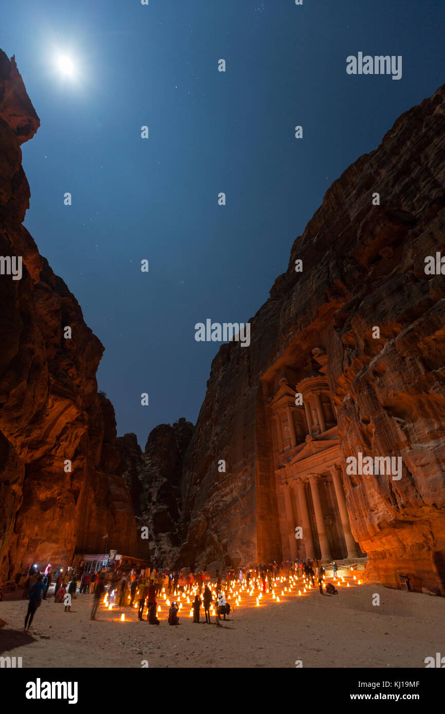 Petra, Jordan, December 24th 2015, The Treasury, Petra By Night with full monn. An Ancient City of Petra, Al Khazneh in Jordan Stock Photo