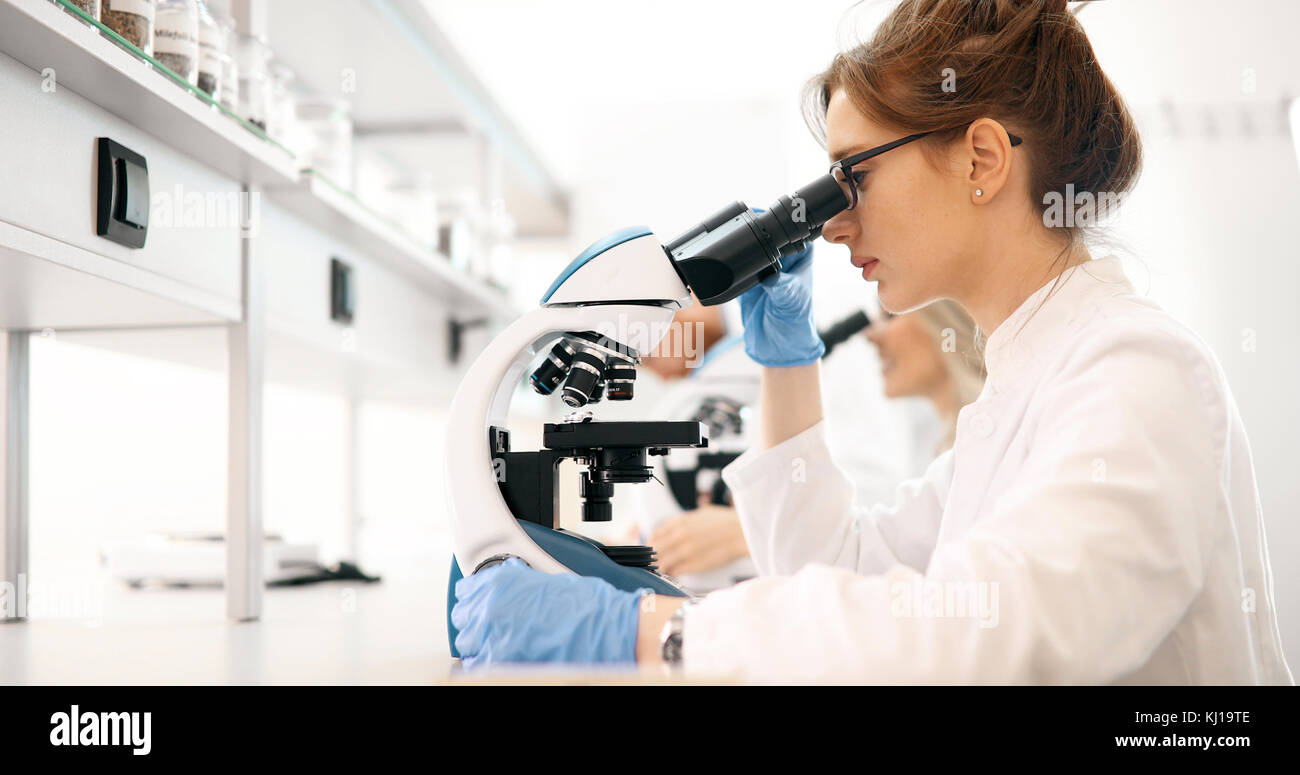 Young scientist looking through microscope in laboratory Stock Photo ...