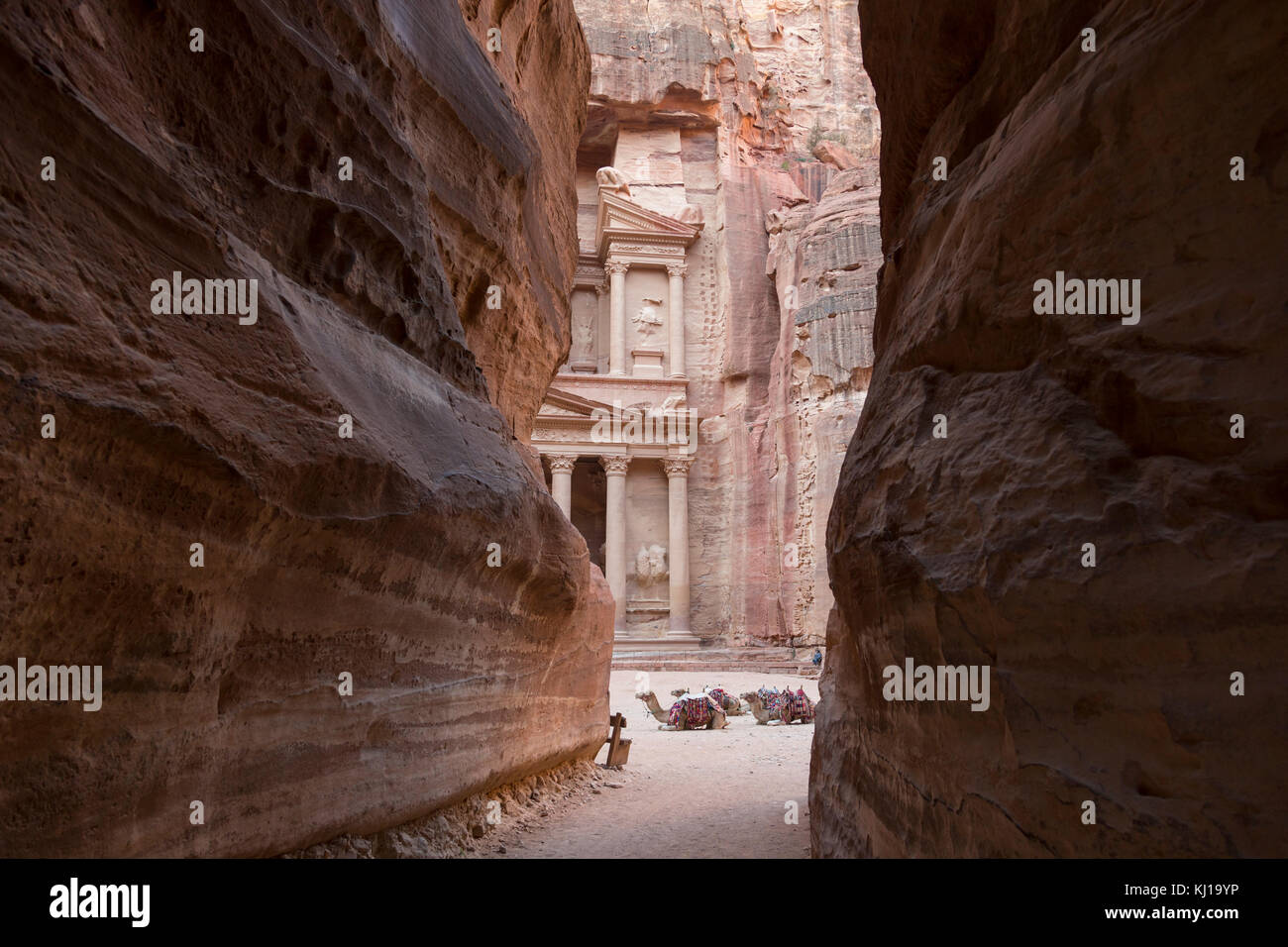 View from Siq on entrance of City of Petra, Khazneh in the background, Jordan Stock Photo