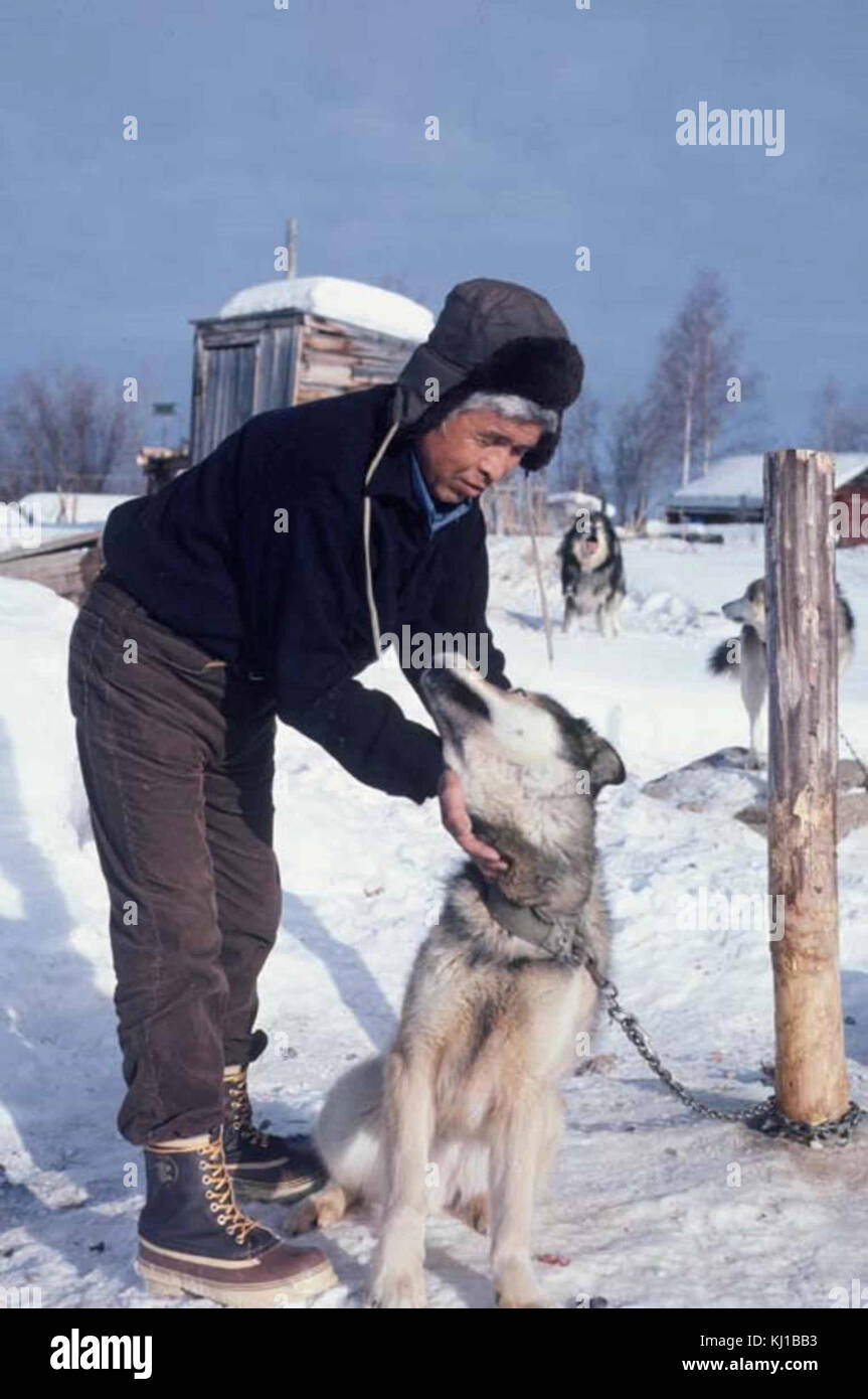 Native American resident man with sled dog Stock Photo