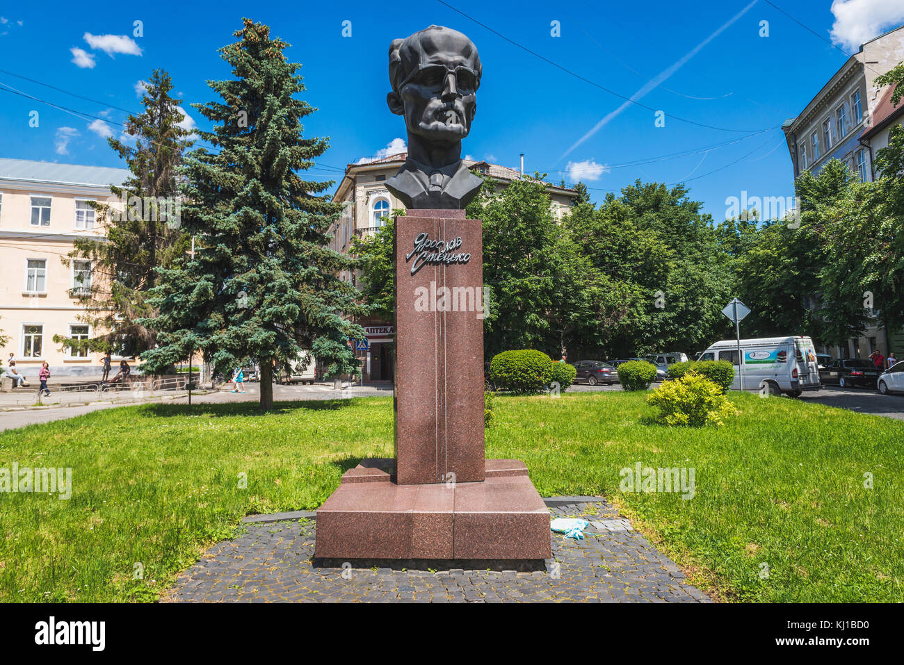 Monument Yaroslav Stetsko, member of Organization of Ukrainian Nationalists in Ternopil city, Ukraine Stock Photo