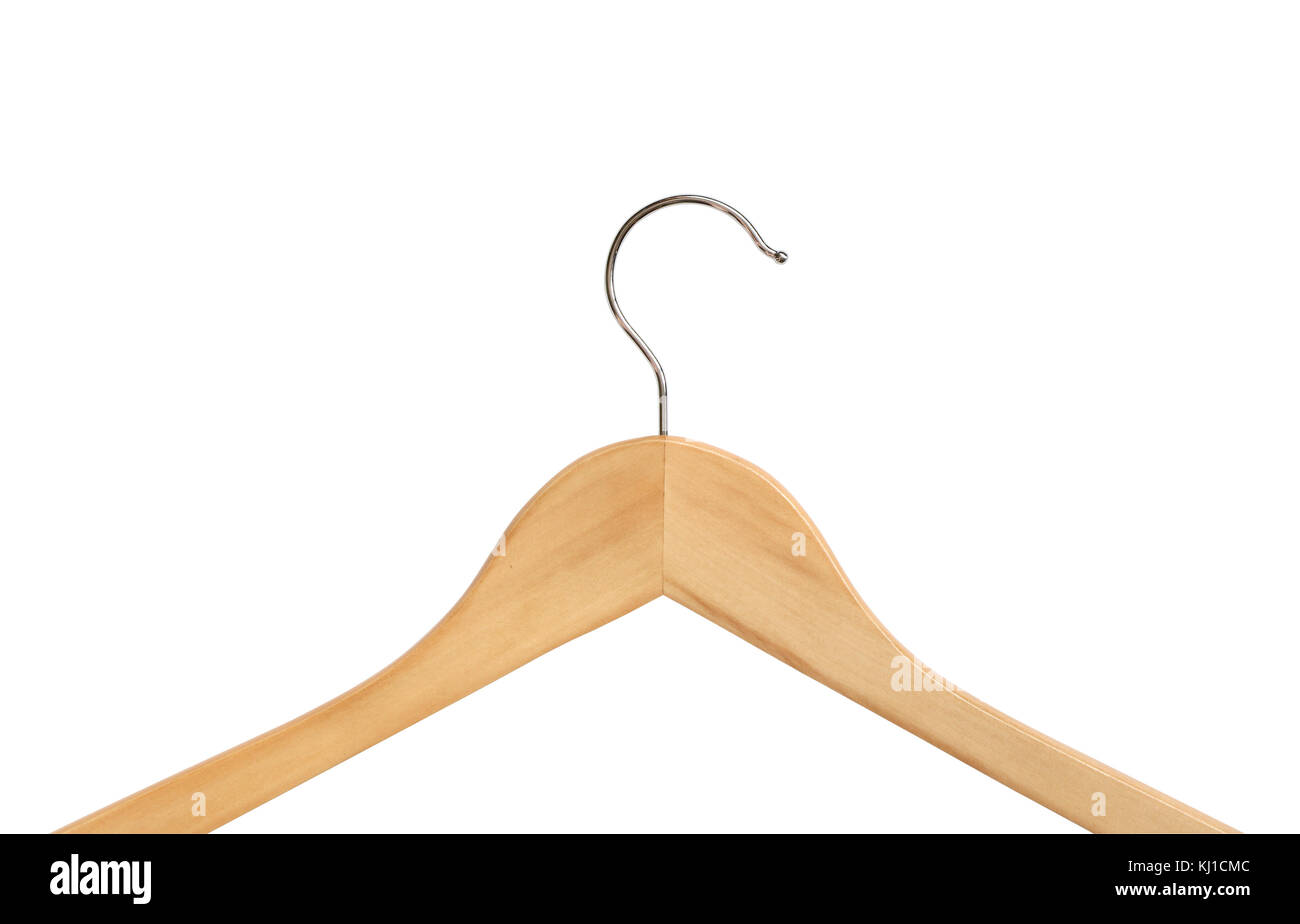 Closeup of wooden coat hanger isolated on white background with clipping path Stock Photo