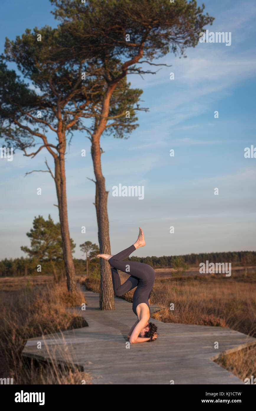 woman practicing yoga doing a headstand in a nature reserve. Stock Photo