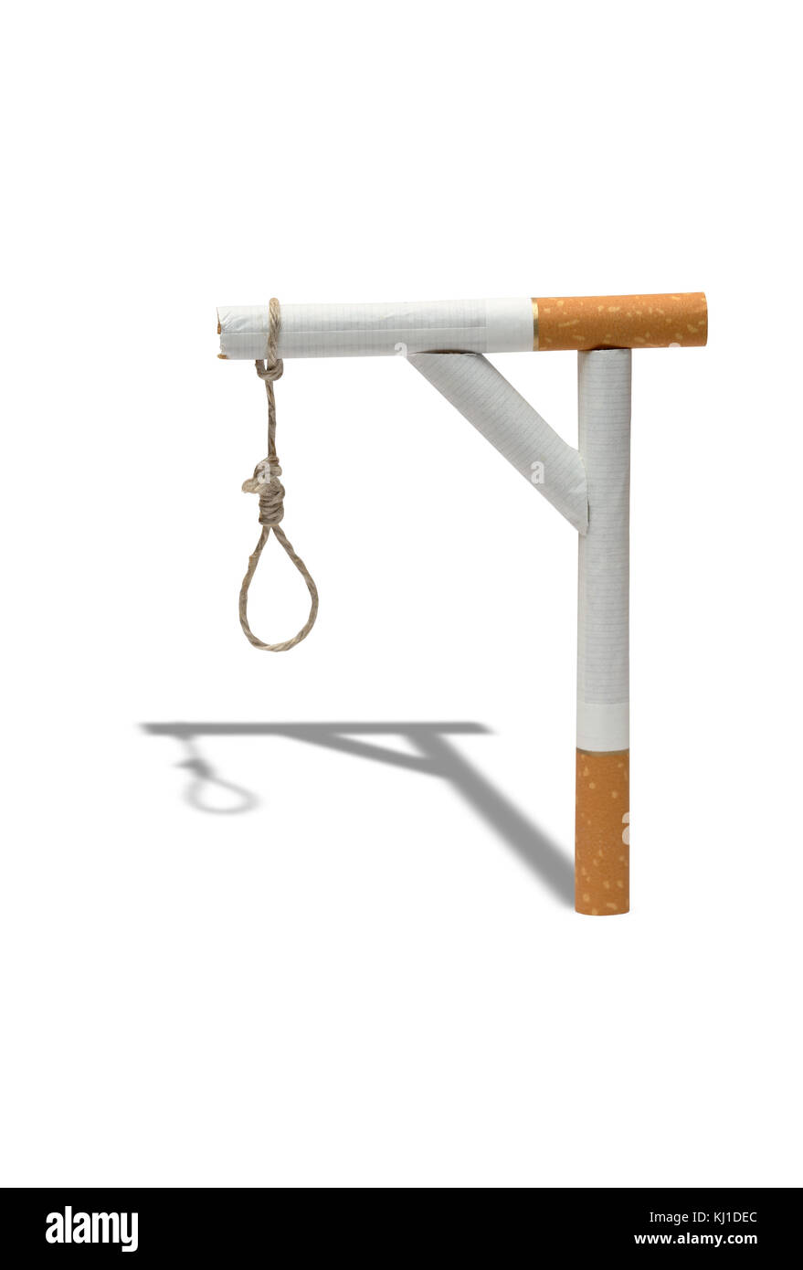 Gibbet made from cigarettes and rope on white background. Clipping path is included Stock Photo