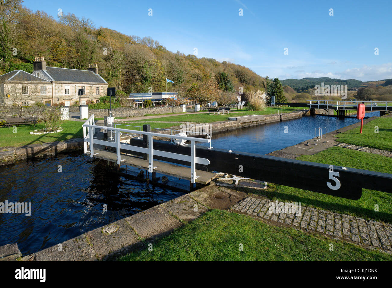 A lock on the Cairnbaan flight off the Crinan Canal at Cairnbaan, Argyll and Bute, Western Scotland, UK Stock Photo