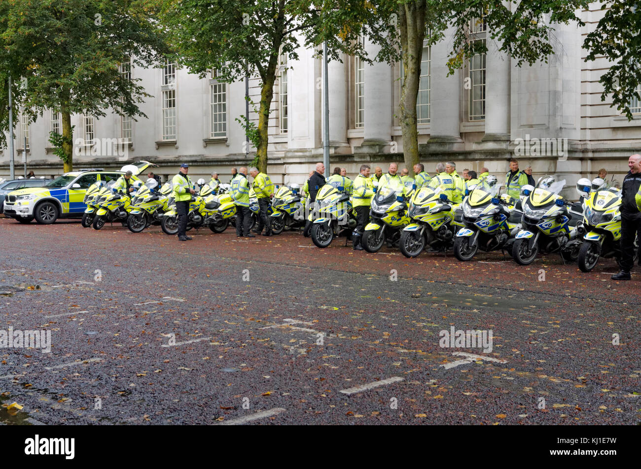 Tour of Britain police motorcycle escort group, Cardiff, Wales. Stock Photo