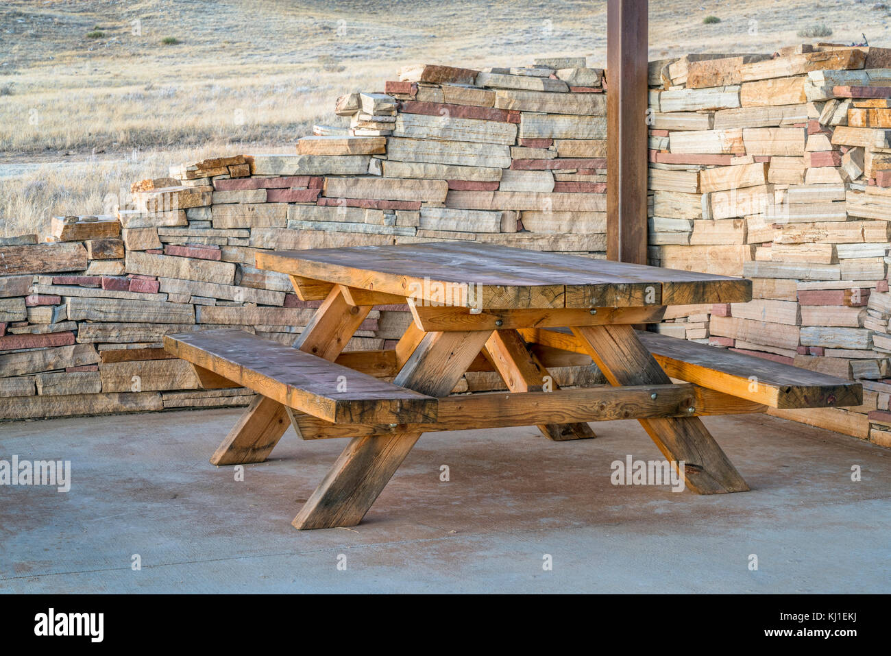 picnic table and shelter in  - Soapstone Prairie Natural Area, northern Colorado Stock Photo