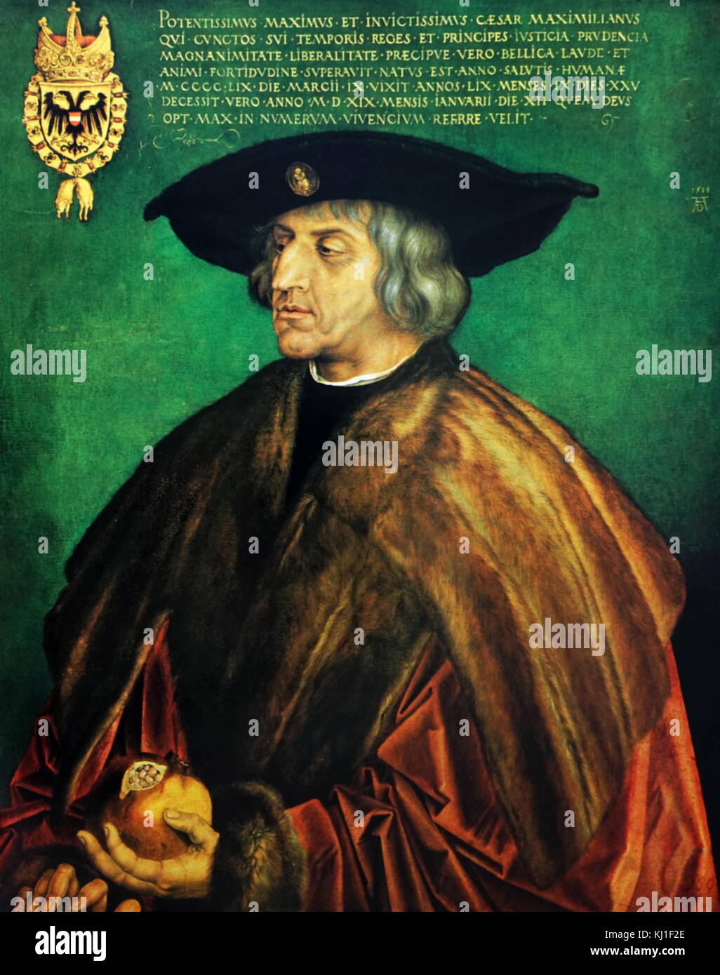 Maximilian I (1459 – 1519);King of the Romans (also known as King of the Germans) from 1486. Portrait by Albrecht Durer. Holy Roman Emperor from 1493 until his death, though he was never crowned by the Pope, as the journey to Rome was always too risky. He was the son of Frederick III, Holy Roman Emperor, and Eleanor of Portugal. He ruled jointly with his father for the last ten years of his father's reign, from c. 1483 to 1493. Stock Photo