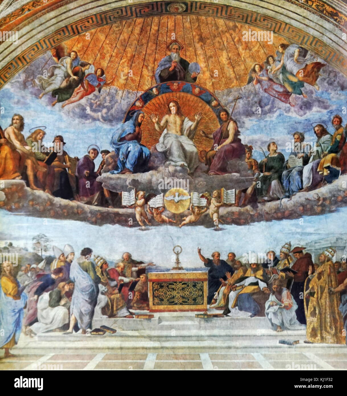 The Disputation of the Sacrament (La disputa del sacramento), or Disputa; painting by the Italian Renaissance artist; Raphael. It was painted between 1509 and 1510, to decorate with frescoes the rooms that are now known as the Stanze di Raffaello, in the Apostolic Palace in the Vatican. In the painting, Raphael has created a scene spanning both heaven and earth. Above, Christ is surrounded by a halo, with the Blessed Virgin Mary, John the Baptist at his right and left. Other various biblical figures such as Adam, Jacob and Moses are to the sides. God the Father sits above Jesus, depicted reign Stock Photo