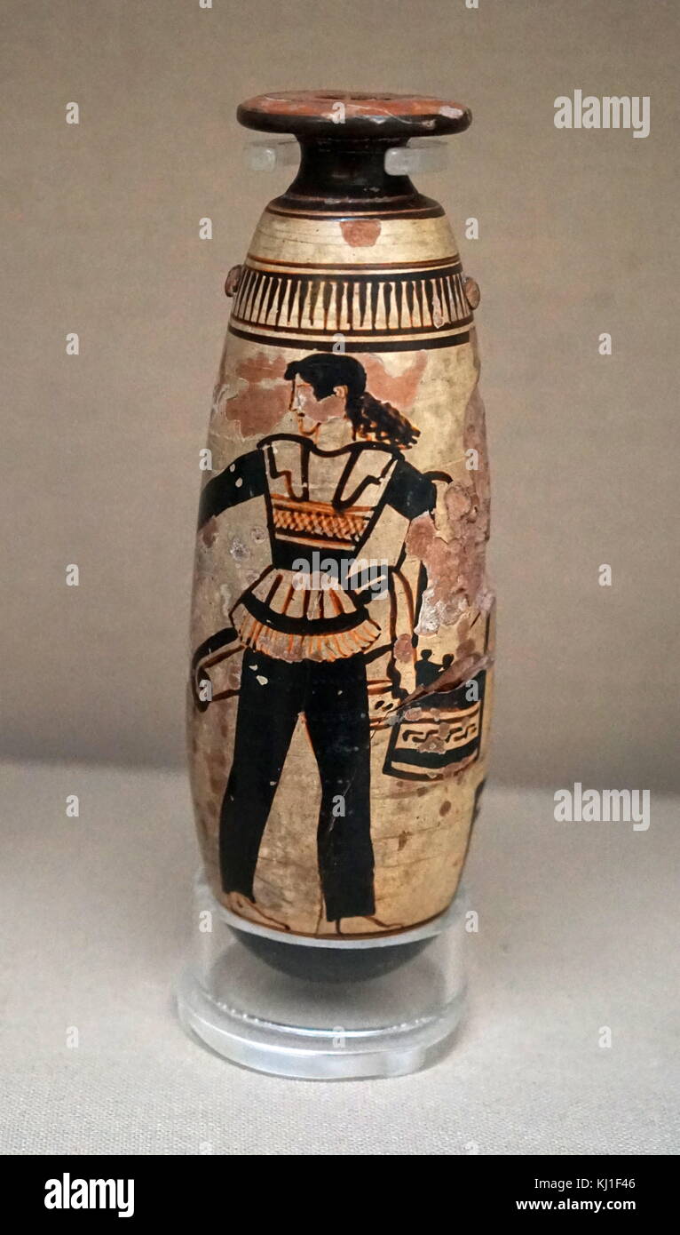 White-ground alabastron (perfume bottle) showing an armed Amazon warrior, in a trouser suit Greek, made in Athens, about 470 BC Stock Photo