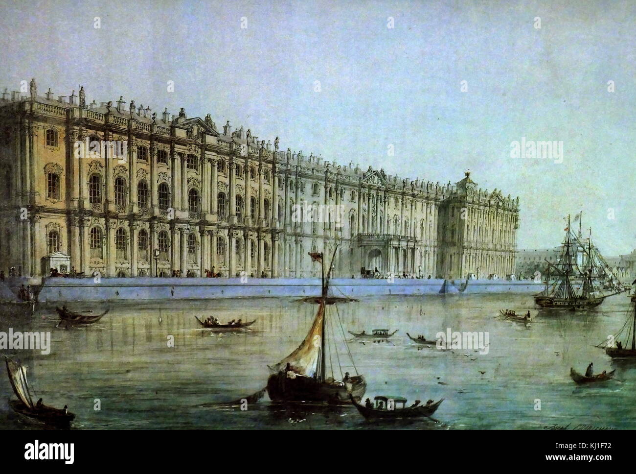 pencil and watercolour; View of the Winter Palace from the river Neva; 1840. North facade of the palace, the prospect along the Neva. Stock Photo