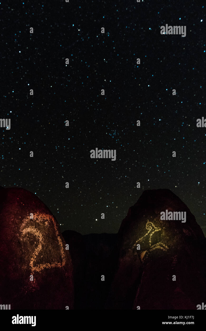 Stars over petroglyphs of eagle and bighorn sheep, Three Rivers Petroglyph Site, Tularosa, Mexico Stock Photo