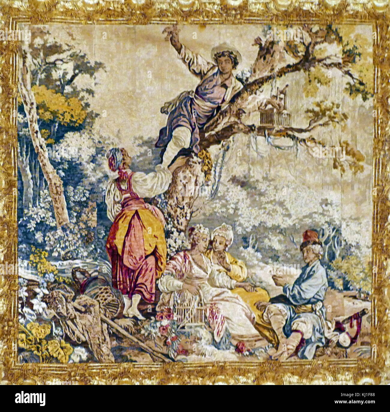 18th century tapestry, from the Hermitage Museum, St Petersburg, Russia. Depicts a country scene Stock Photo