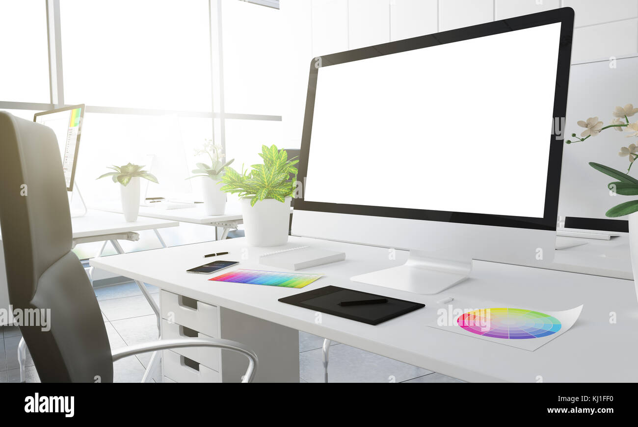 white screen computer on creative studio 3d rendering Stock Photo Alamy
