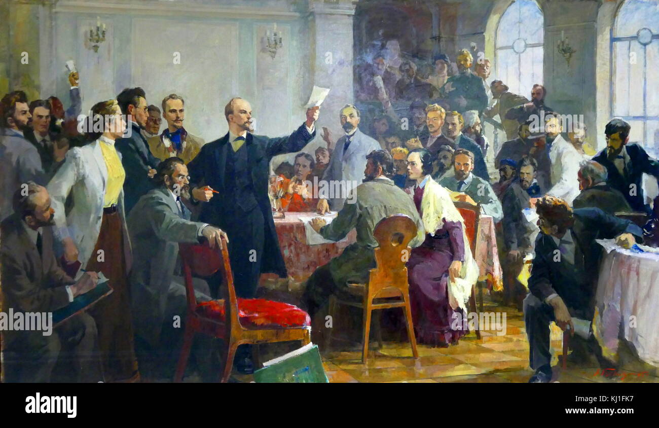 Vladimir Lenin addressing the Second Russian Communist Party Congress 1903. Painted by Gulyaev. 1950s. oil on Canvas. The Second Party Congress was held on July 17 - August 10, 1903 in Brussels and London. The Organizing Committee with the direct participation of Lenin held a job for the selection of the desired composition of the delegates, inviting or not inviting to the Congress of Representatives of a Social-Democratic organization. Stock Photo