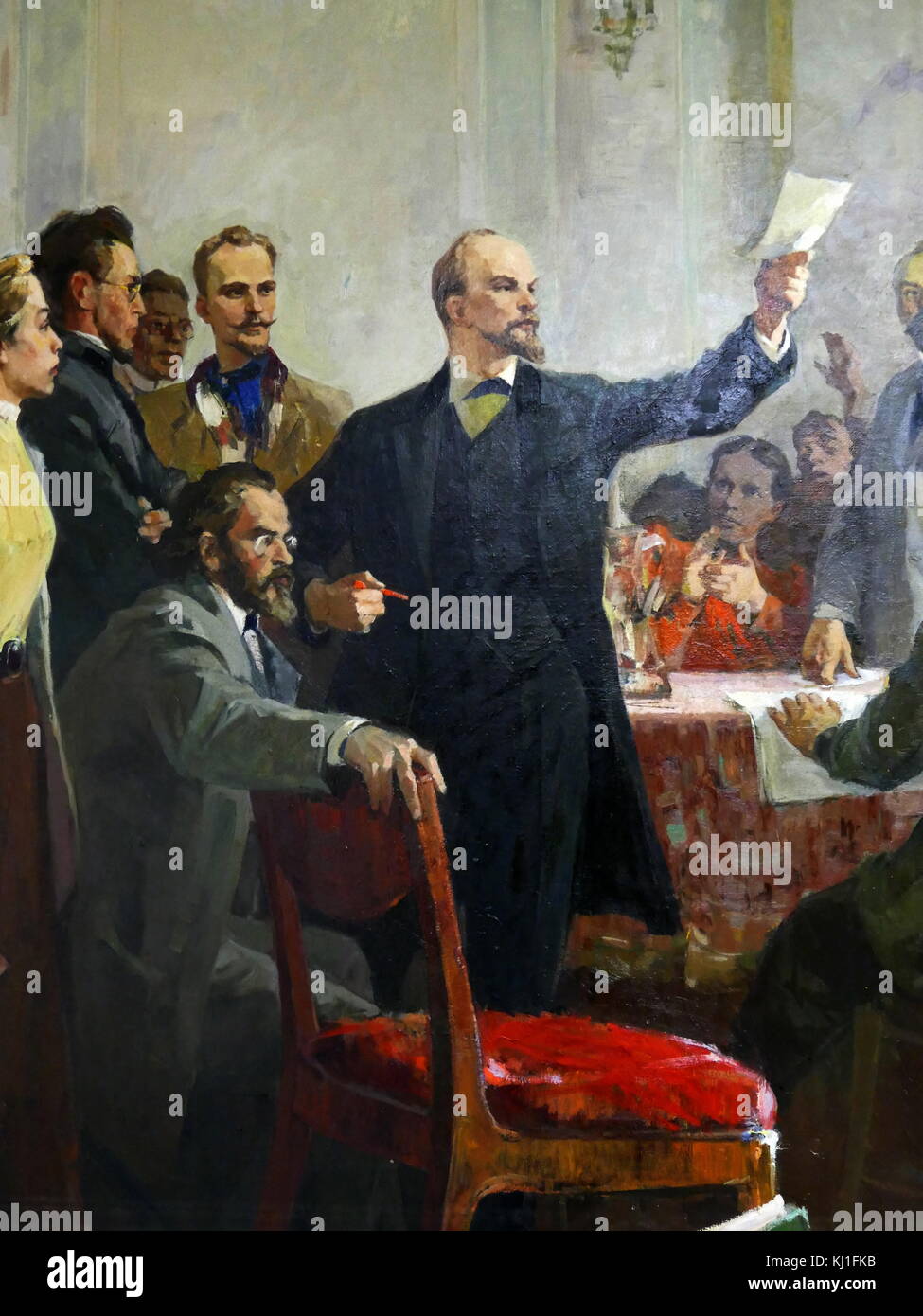 Vladimir Lenin addressing the Second Russian Communist Party Congress 1903. Painted by Gulyaev. 1950s. oil on Canvas. The Second Party Congress was held on July 17 - August 10, 1903 in Brussels and London. The Organizing Committee with the direct participation of Lenin held a job for the selection of the desired composition of the delegates, inviting or not inviting to the Congress of Representatives of a Social-Democratic organization. Stock Photo