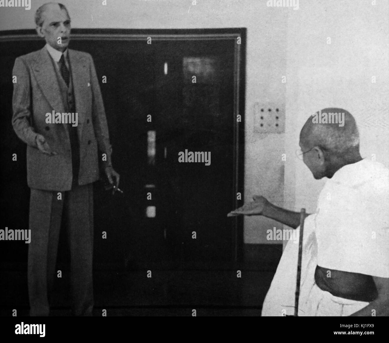 Mohandas Karamchand Gandhi (1869 – 1948) and Mohammed Ali Jinnah, during their talks with the Viceroy, November 1939. Jinnah became the first leader of Pakistan. Gandhi was the preeminent leader of the Indian independence movement in British-ruled India. Stock Photo