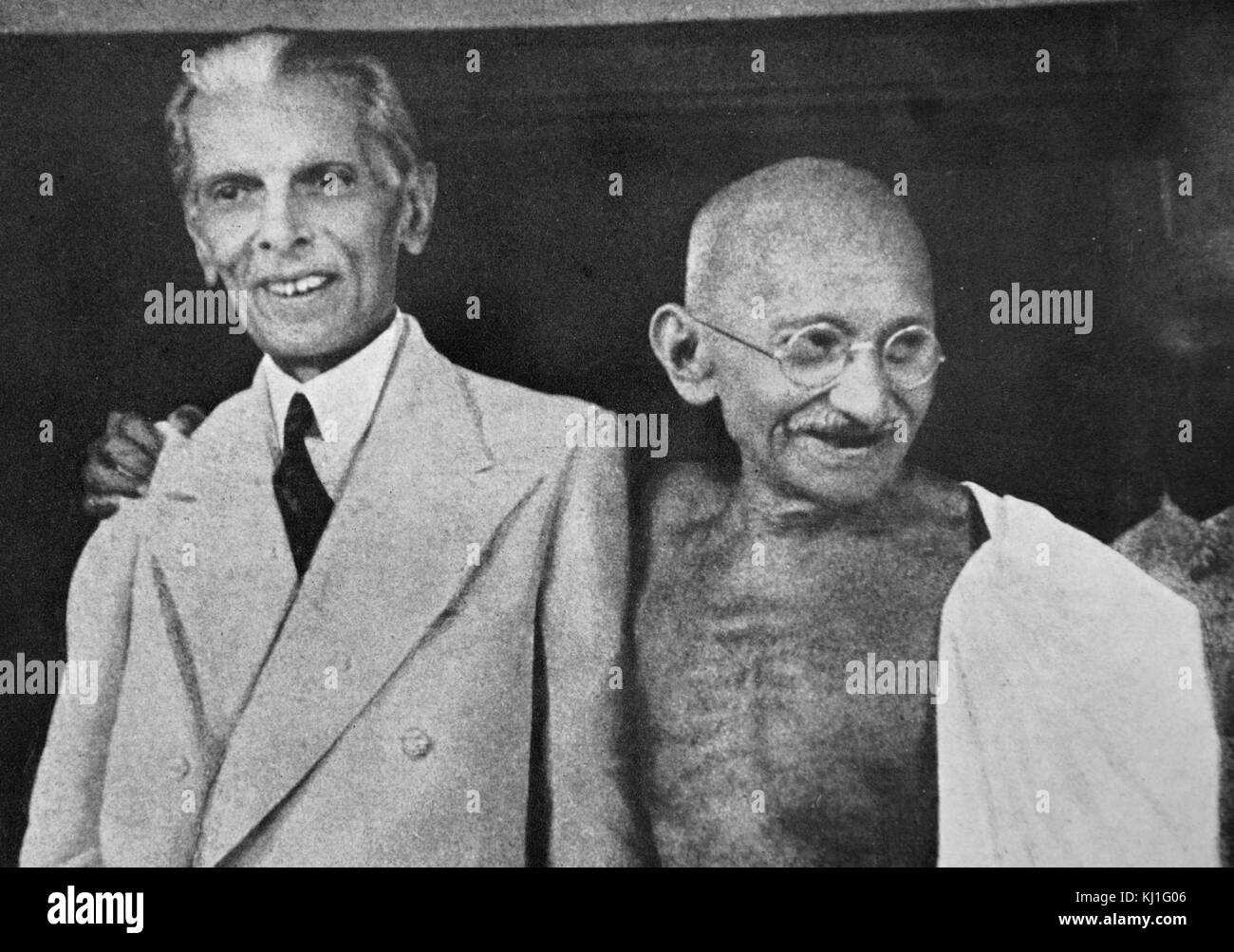 Mohandas Karamchand Gandhi (1869 – 1948) and Mohammed Ali Jinnah, during their talks in Mumbai (Bombay) 1944. Jinnah became the first leader of Pakistan. Gandhi was the preeminent leader of the Indian independence movement in British-ruled India. Stock Photo