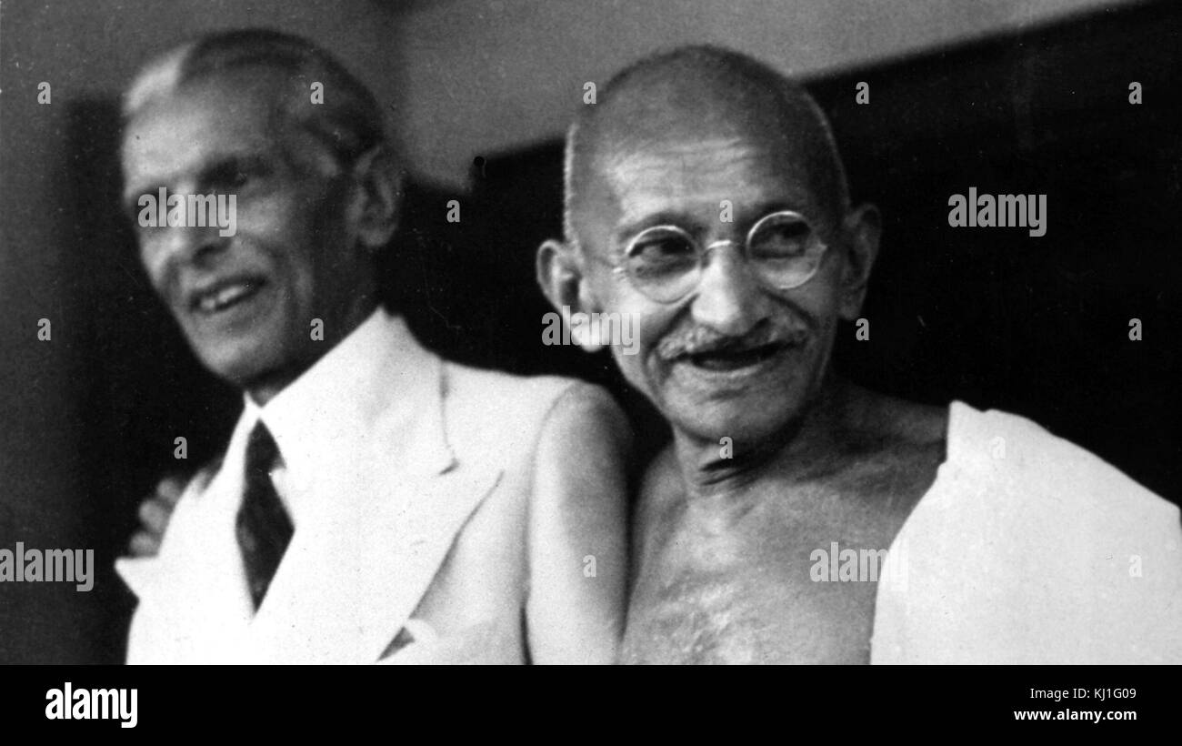 Mohandas Karamchand Gandhi (1869 – 1948) and Mohammed Ali Jinnah, during their talks in Mumbai (Bombay) 1944. Jinnah became the first leader of Pakistan. Gandhi was the preeminent leader of the Indian independence movement in British-ruled India. Stock Photo