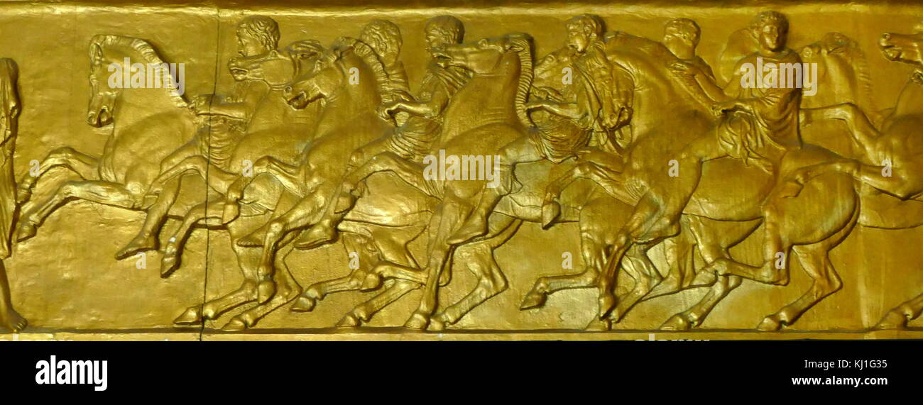 Gilded 19th century replica of the Parthenon frieze. The Frieze was a relief in pentelic marble, created to adorn the upper part of the Parthenon’s naos. It was sculpted between c. 443 and 438 BC, most likely under the direction of Phidias Stock Photo
