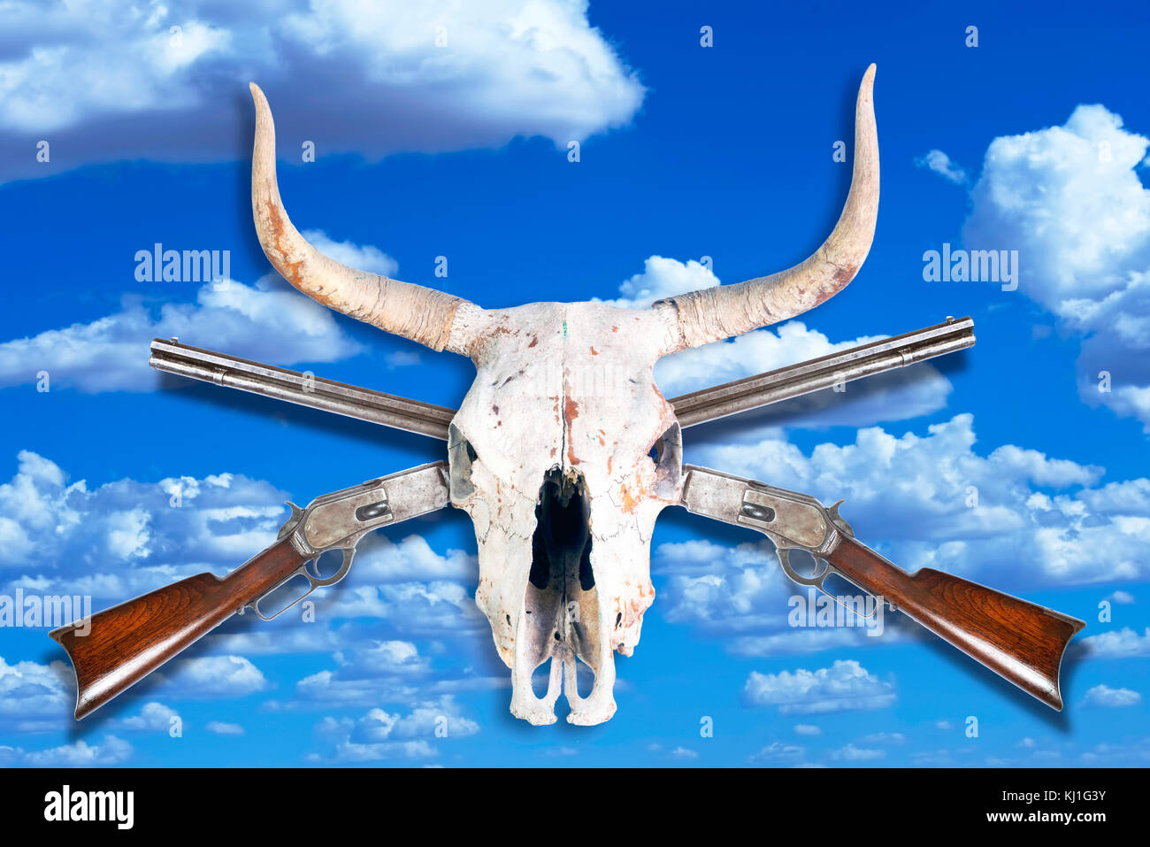 Antique cowboy lever action rifle and cow skull . Stock Photo