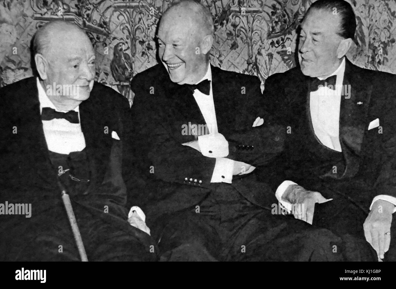 Sir Winston Churchill with President Dwight David Eisenhower and Field Marshal Lord Alexander of Tunis 1959. Sir Winston Churchill (1874 – 1965) was a British statesman who was the Prime Minister of the United Kingdom from 1940 to 1945 and again from 1951 to 1955. Stock Photo