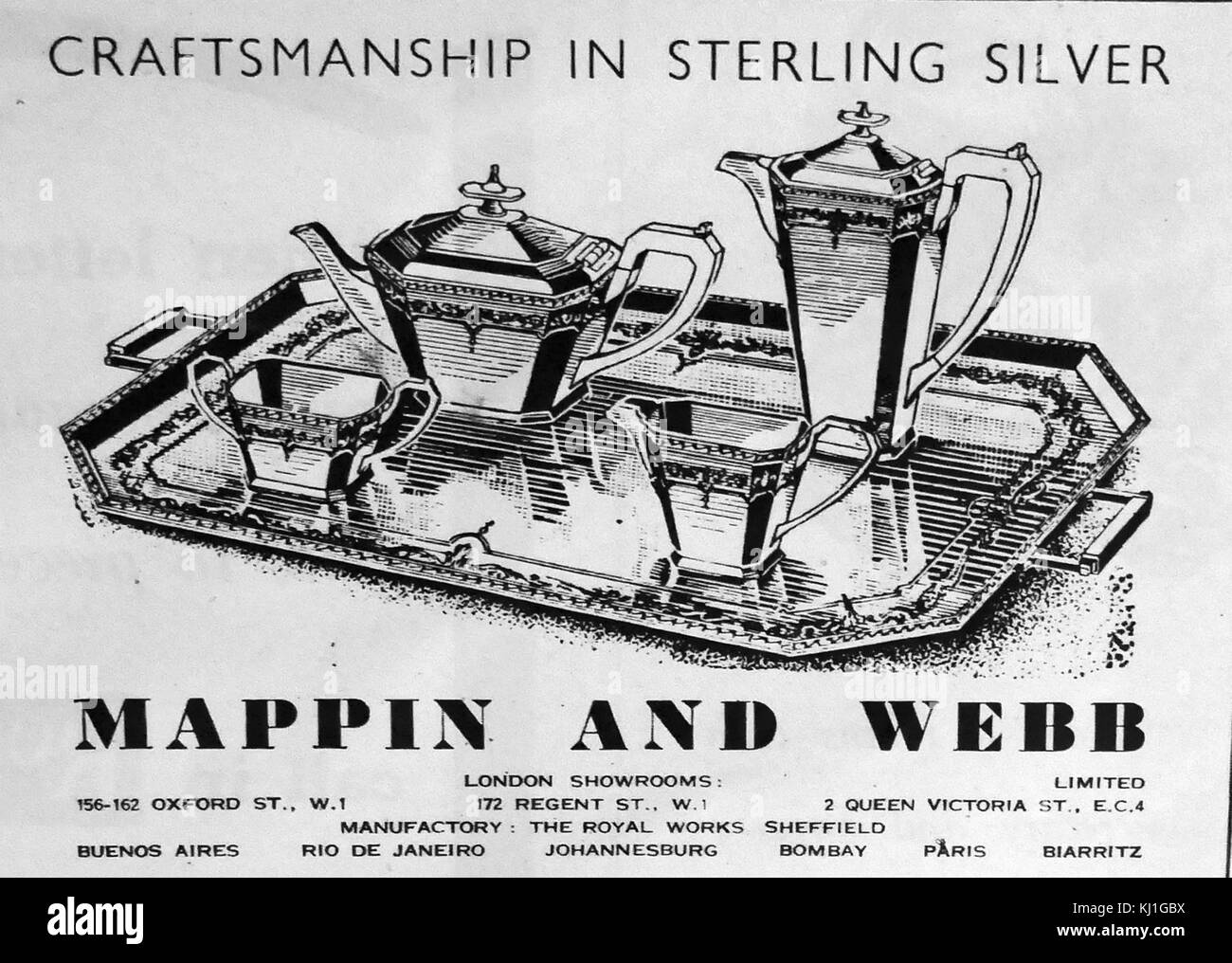 1947 advertisement for a Mapin and Webb, Sterling silver tea service. Stock Photo