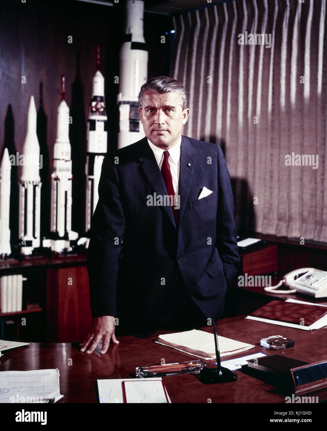 Wernher Magnus Maximilian Freiherr von Braun (March 23, 1912 – June 16, 1977) was a German, later American, aerospace engineer and space architect credited with inventing the V-2 rocket for Nazi Germany and the Saturn V for the United States. He was one of the leading figures in the development of rocket technology in Nazi Germany, where he was a member of the Nazi Party and the SS. Stock Photo