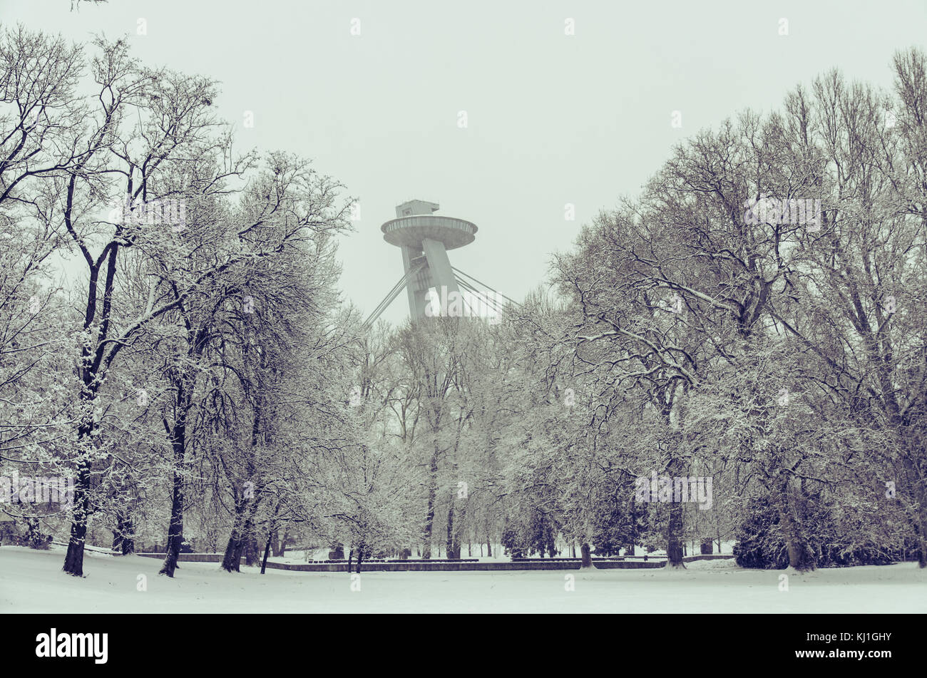 Bratislava park and restaurant called UFO over bridge in capital of Slovakia Stock Photo