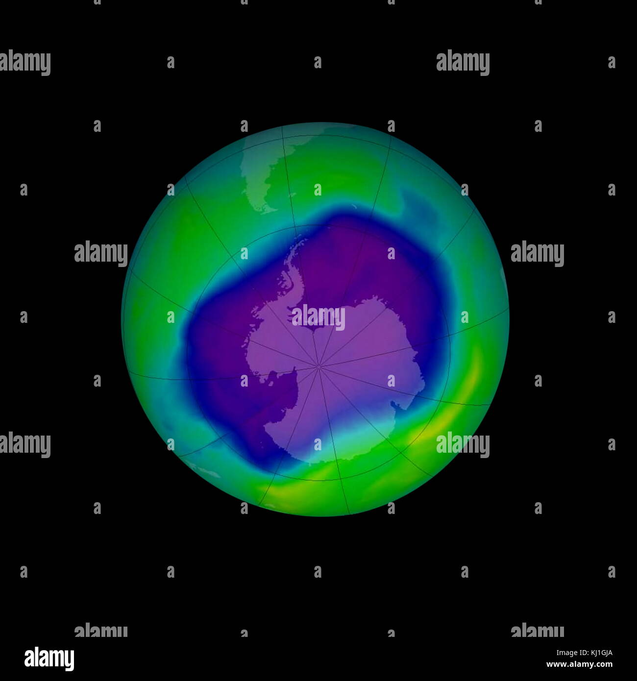 In this image, from September 2006, the Antarctic ozone hole was equal to the record single-day largest area of 11.4 million square miles (29.5 million square kilometres), reached on Sept. 9, 2000. Satellite instruments monitor the ozone layer, and we use their data to create the images that depict the amount of ozone. The blue and purple colours are where there is the least ozone, and the greens, yellows, and reds are where there is more ozone. Ozone depletion describes two distinct but related phenomena observed since the late 1970s: a steady decline of about four per cent in the total amoun Stock Photo